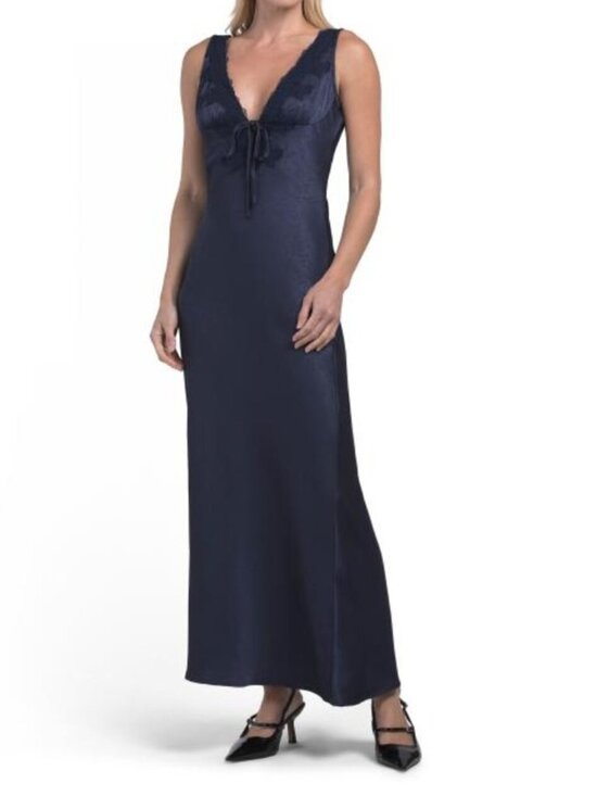 Thirty Thirty Dresses & Skirts - THIRTY THIRTY V-neck Lace Satin Maxi Dress